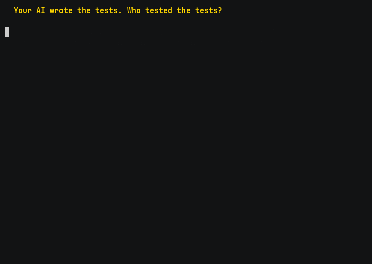 Terminal recording: a green 97%-coverage test suite, then mutation testing reveals 25 of 71 injected defects survive, then crucible's harden loop kills 24 and refuses to fake the 25th.